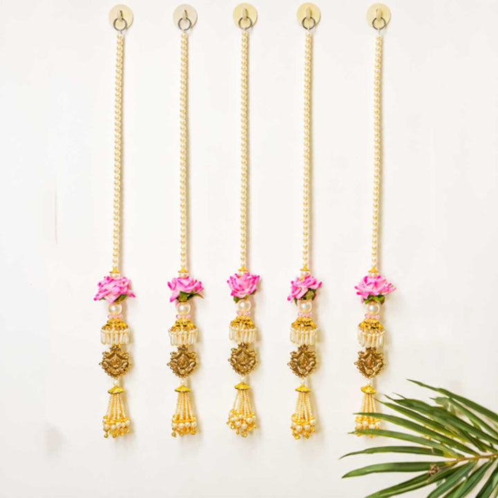 Handcrafted Pearl Strands And Rose Flower Door Hangings With Bells And Gold Bead Detailing