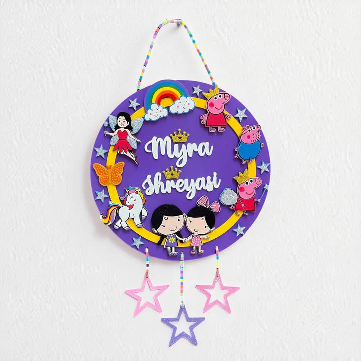 Personalized Fairy And Peppa Pig Theme MDF Wood Kids Name Plate For Sisters