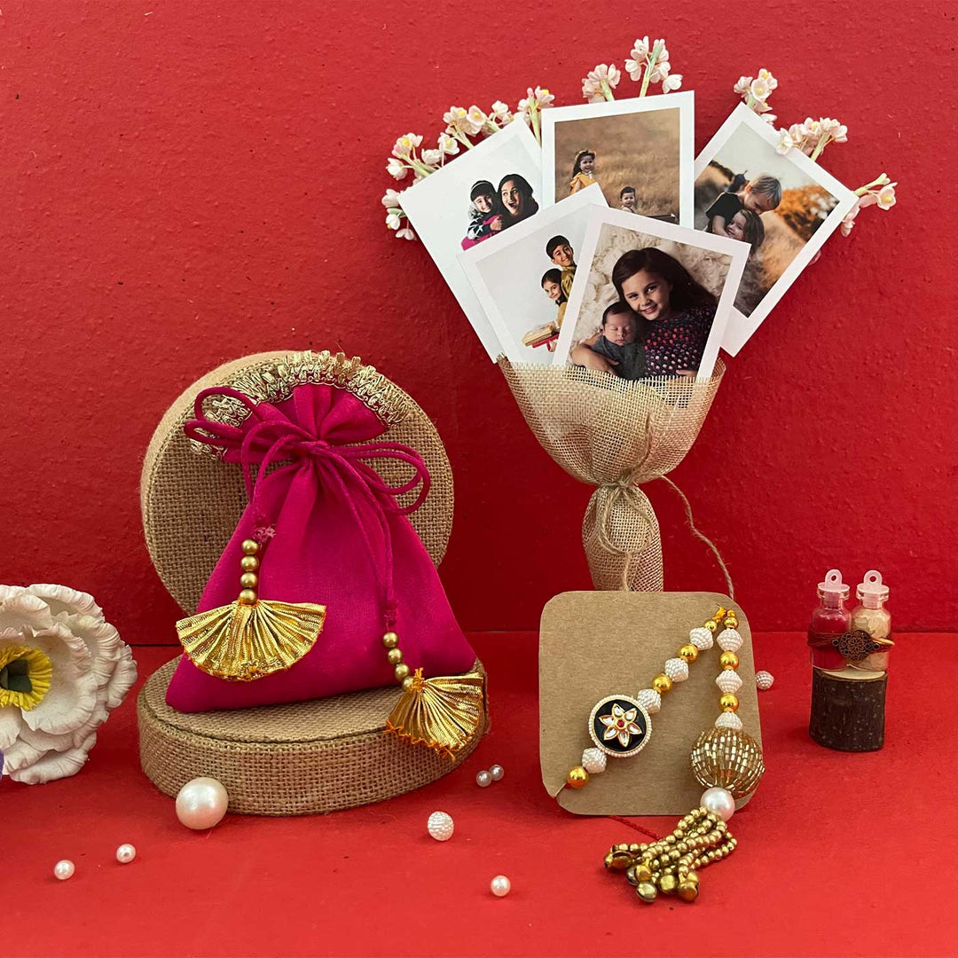 Photo Personalized Handmade Bouquet Design Rakhi Hamper Includes 5 Photos 1 Set Bhaiya Bhabhi Rakhi 1 Dry Frits Potli And 1 Roli Chawal - Front View with Accessories