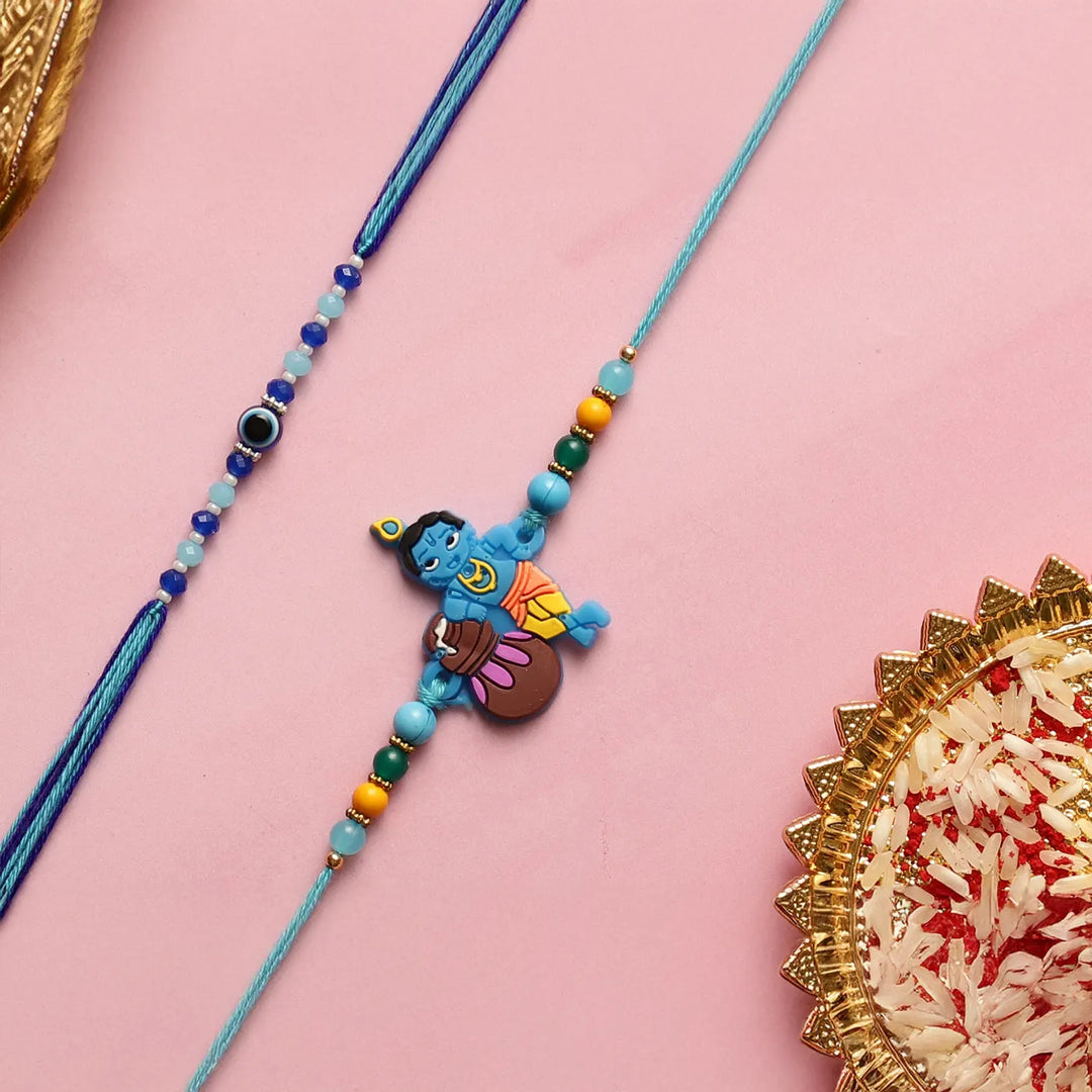 Handmade Krishna & Evil Eye Kids Rakhi With Roli Chawal | Set Of 2