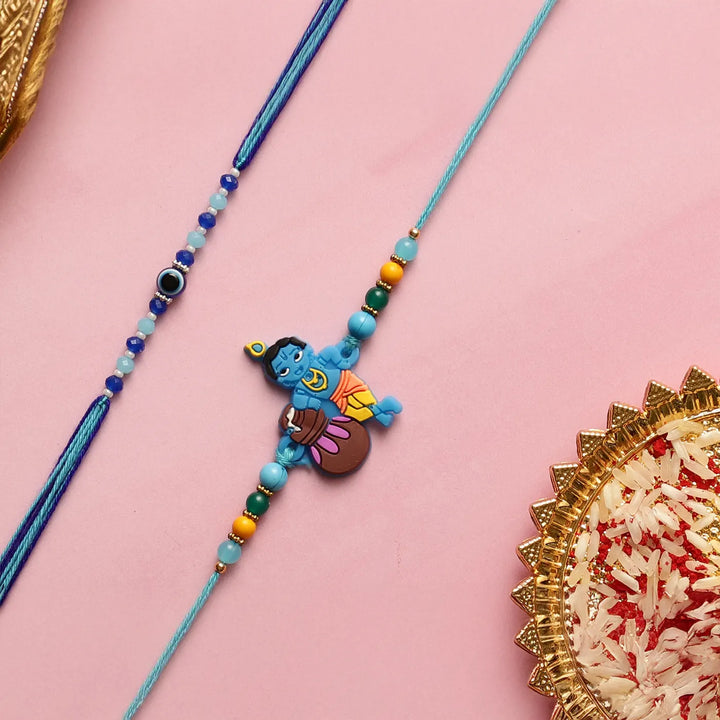 Handmade Krishna & Evil Eye Kids Rakhi With Roli Chawal | Set Of 2