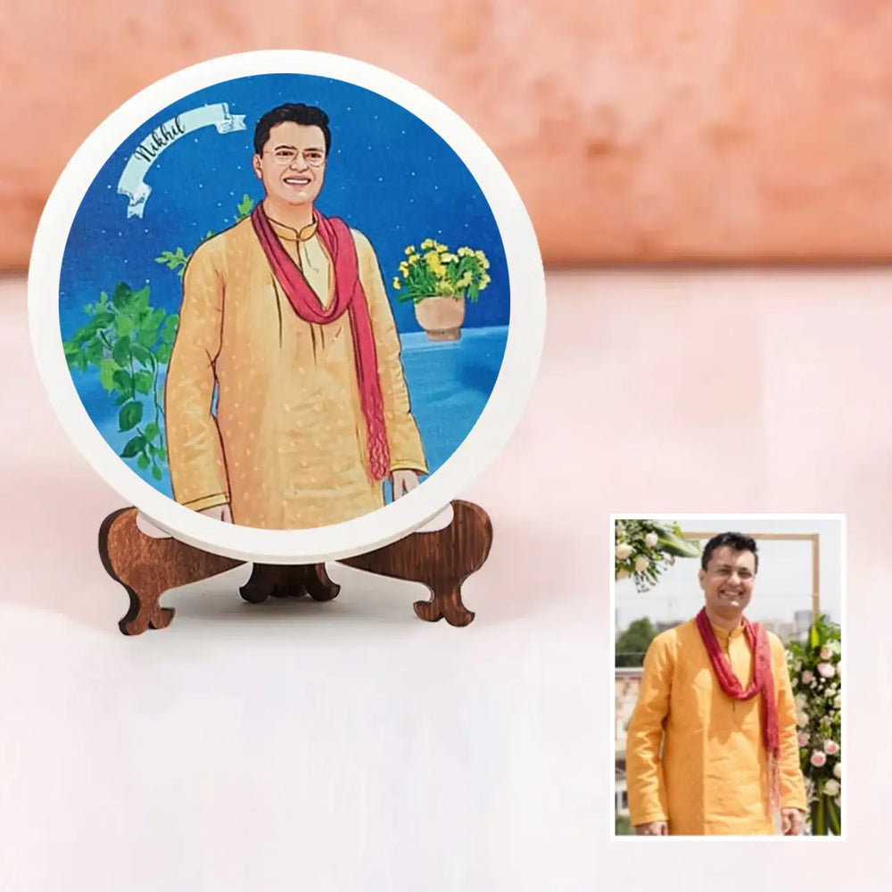 Photo Customized Rakhi Hamper With Caricature Nameplate 4 - Portrait Plate on Wooden Stand