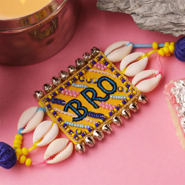 Handmade Embroidered "Bro" Rakhi With Roli Chawal