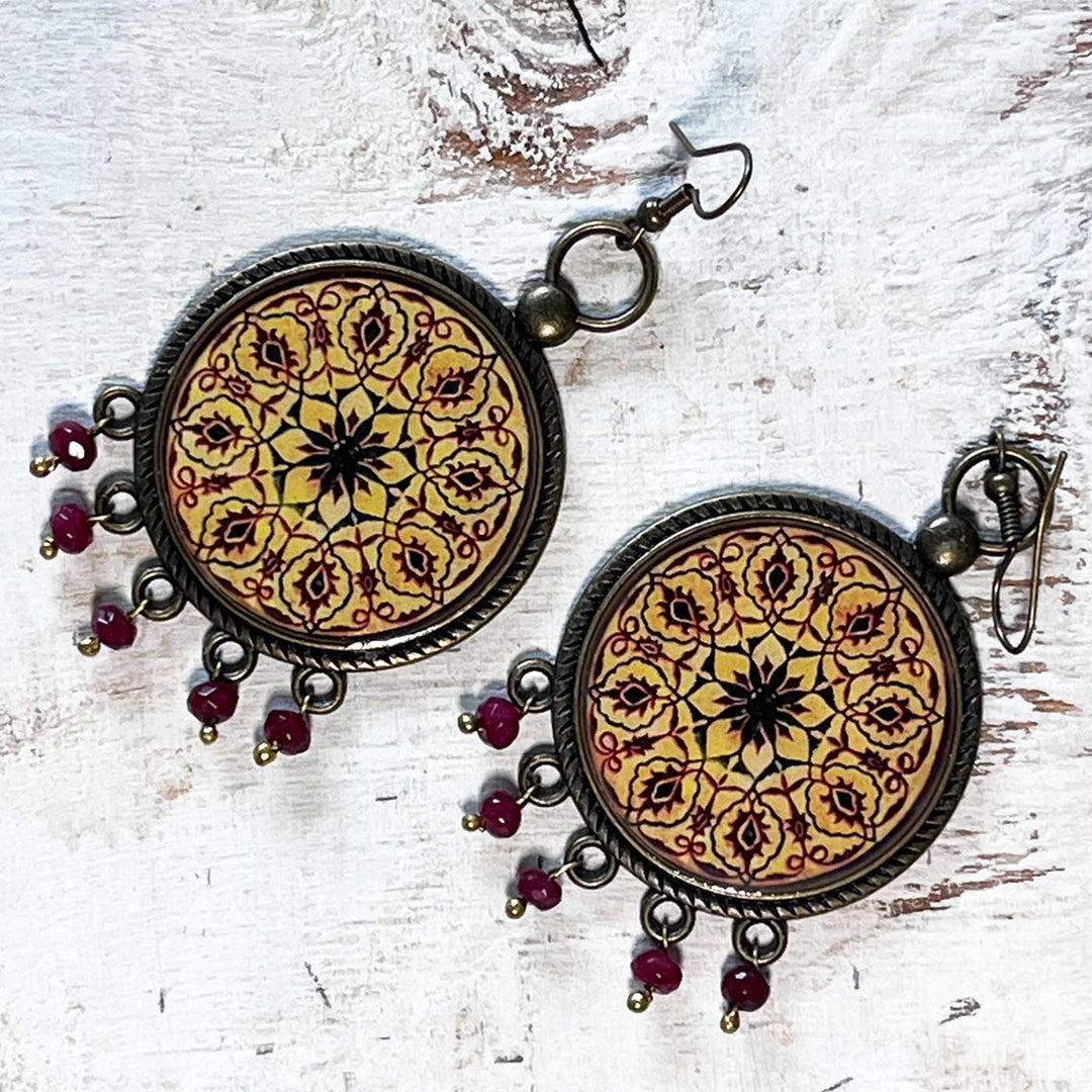 Yellow Floral Queen’s Dome Mandala Metal Earrings