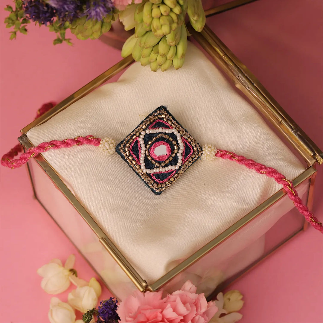 Handmade Embroidered Pink & Blue Square Rakhi With Roli Chawal