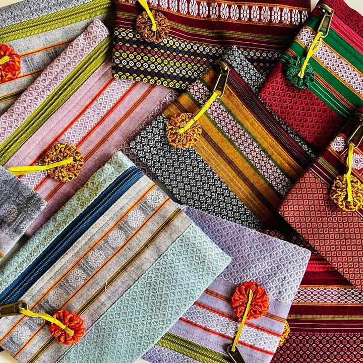 Assorted Cotton Khunn Purse With Floral Charm | Set Of 4
