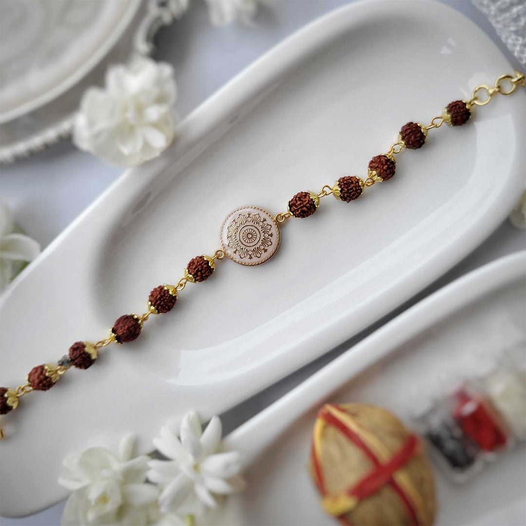 Handmade Original Rudraksh Rakhi Hamper With Roli Chawal For Brother - Full bracelet on display