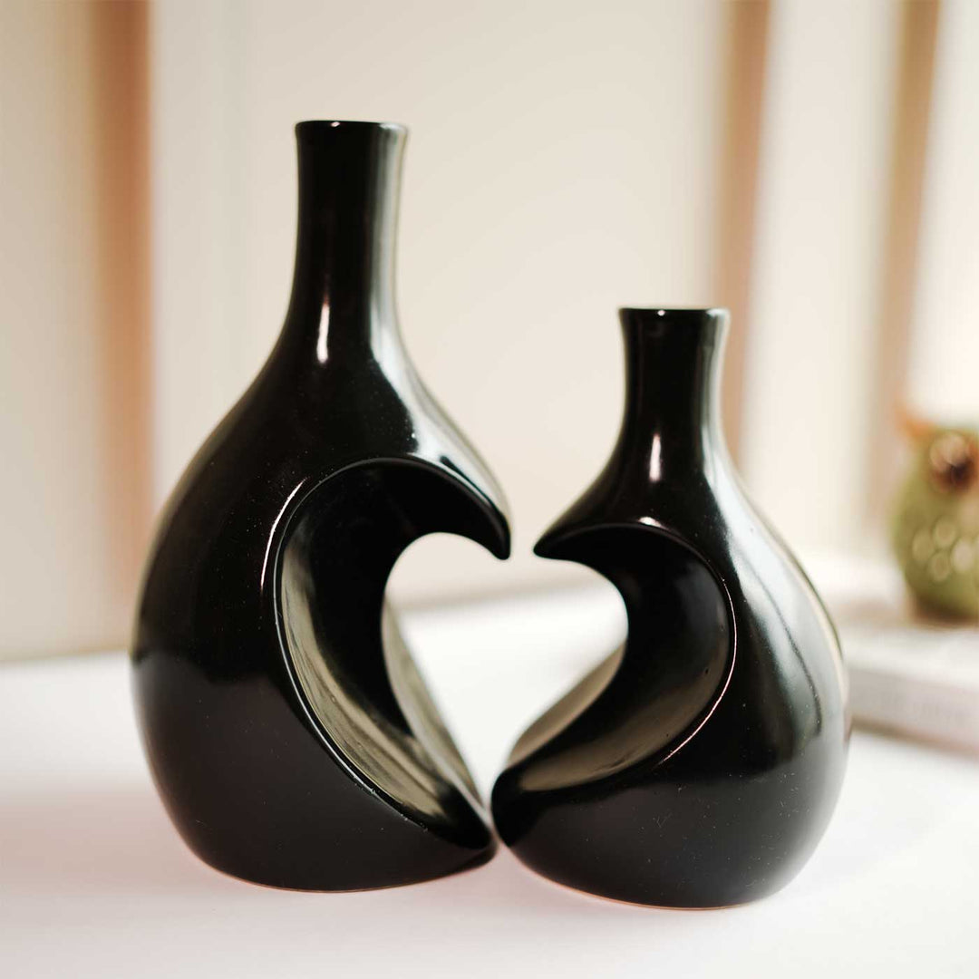 Black Heart Shaped Ceramic Vase | Set Of 2