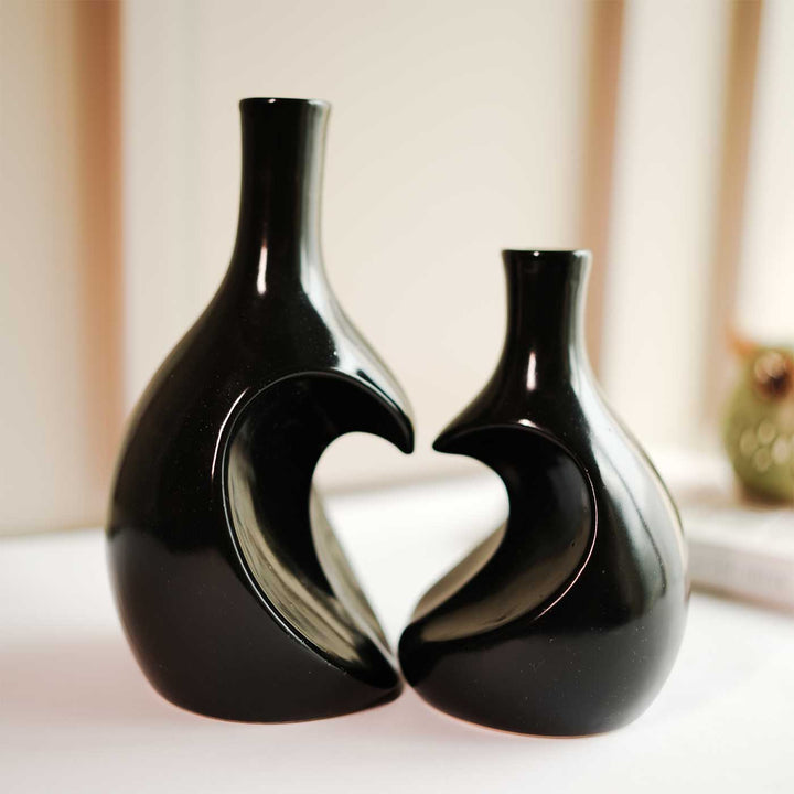 Black Heart Shaped Ceramic Vase | Set Of 2