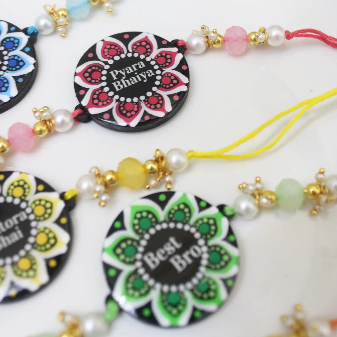 Personalized Hand-Painted Dot Mandala Round Floral Rakhi With Roli Chawal