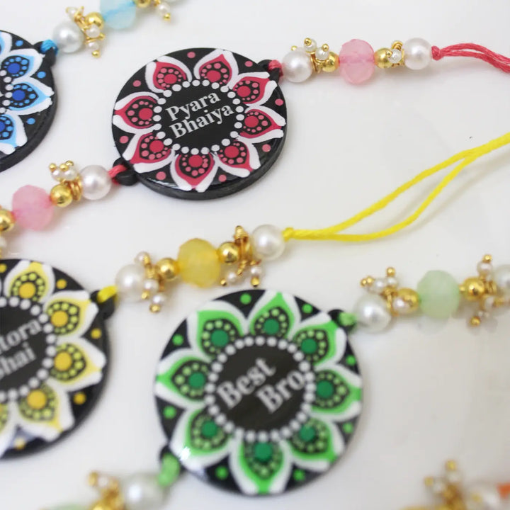 Personalized Hand-Painted Dot Mandala Round Floral Rakhi With Roli Chawal