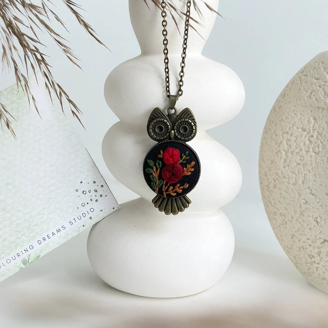 Hand Embroidered Fleurowl Antique Finish Necklace