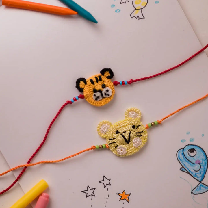 Handmade Crochet Cat & Tiger Theme Kids Rakhi With Roli Chawal | Set Of 2