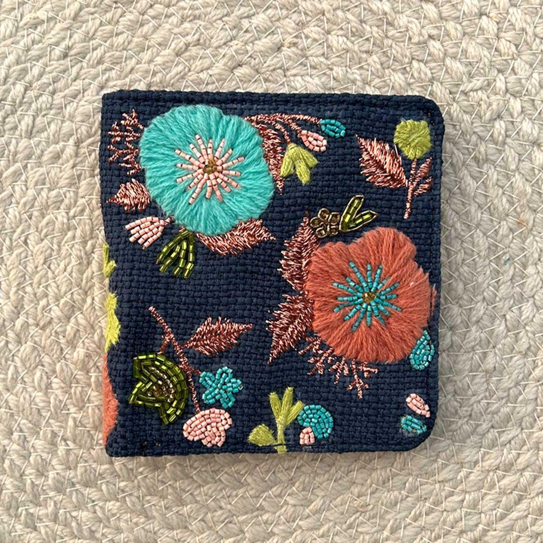 Handmade Embroidered Floral Blue Design Matrix Wallet