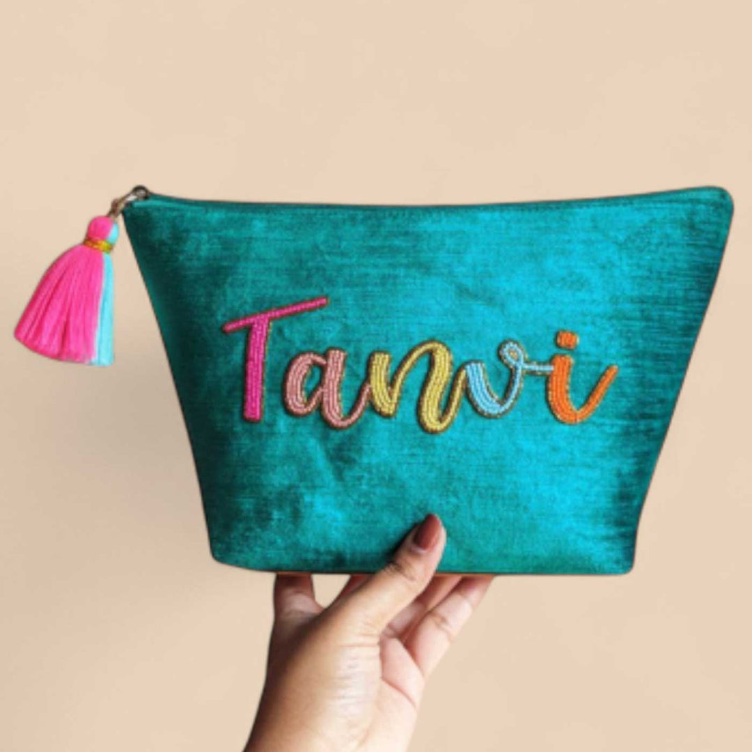 Personalized Handmade Embroidered Fab Teal Color Velvet Pouch