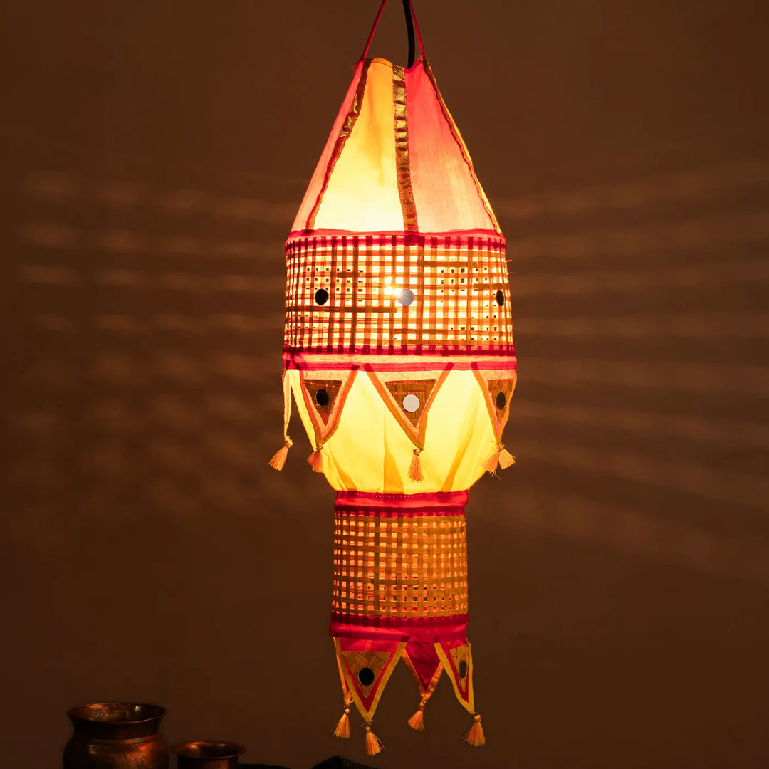 Red & Yellow Lantern Shaped Handmade Woven Bamboo Hanging Lampshade