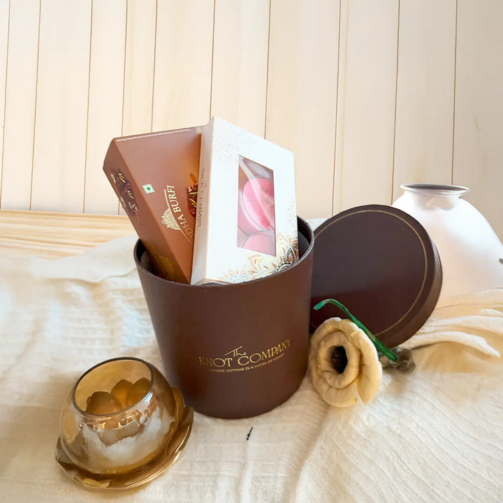 Diya & Delight Diwali Gift Hamper | Includes 1 Doda Barfi Box, 2 Tealight Candles, 1 Bouquet Box
