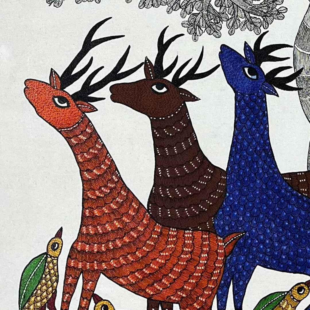 15 x 22 Inch | Peacock, Birds & Deers | Original Hand Painted Tribal Gond Art Painting | Acrylic Paints On Canvas