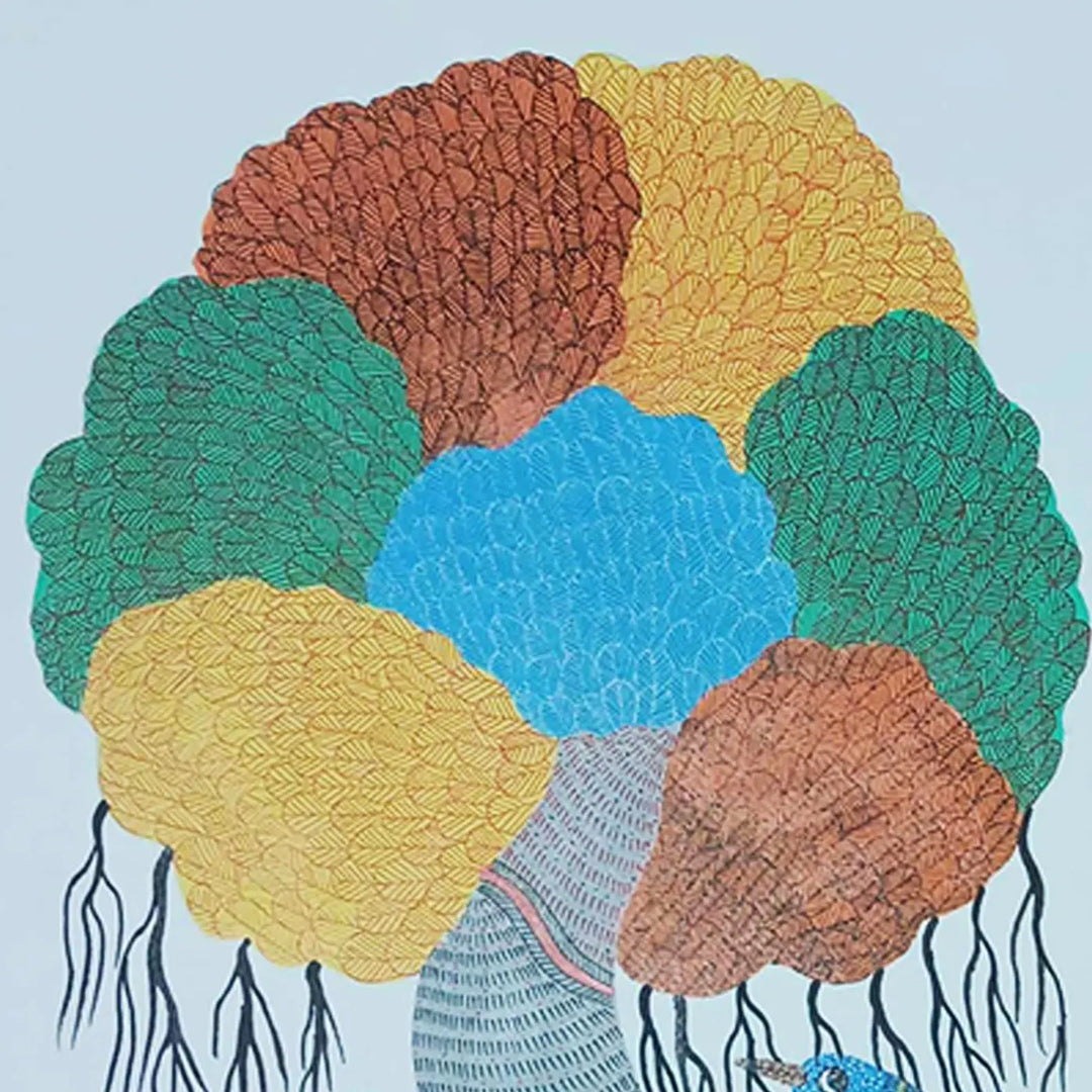 11 x 15 Inch | Peacock & The Living Shade | Original Hand Painted Tribal Gond Art Painting | Acrylic Paints On Paper