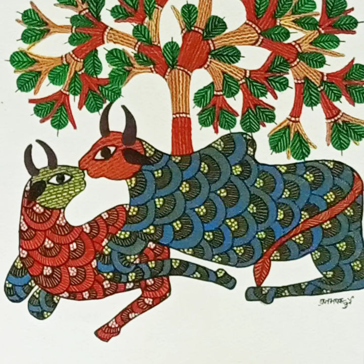 11 x 16 Inch | Two Resting Bulls | Original Hand Painted Tribal Gond Art Painting | Acrylic Paint On Paper