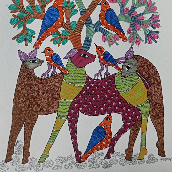 24 x 36 Inch | Sky & Earth | Original Hand Painted Tribal Gond Art Painting | Acrylic Paint On Canvas