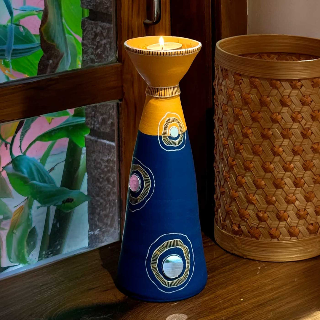 Set of 5 | "Blue Rhythm" Hand-Painted Terracotta Disc & Long Diya Tealight Holders For Festive Decor