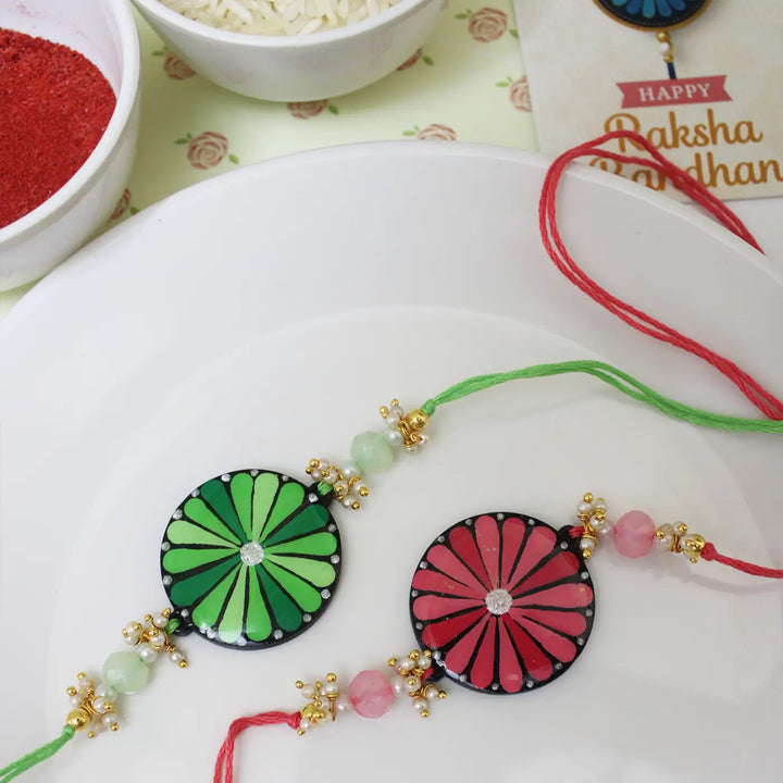 Hand-Painted Dot Mandala Floral Rakhi With Roli Chawal