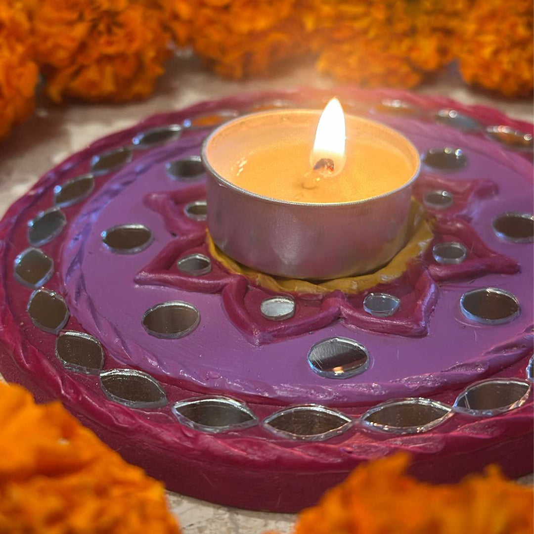 Handmade Mirror Work Lippan Manjari Clay Tealight Holder