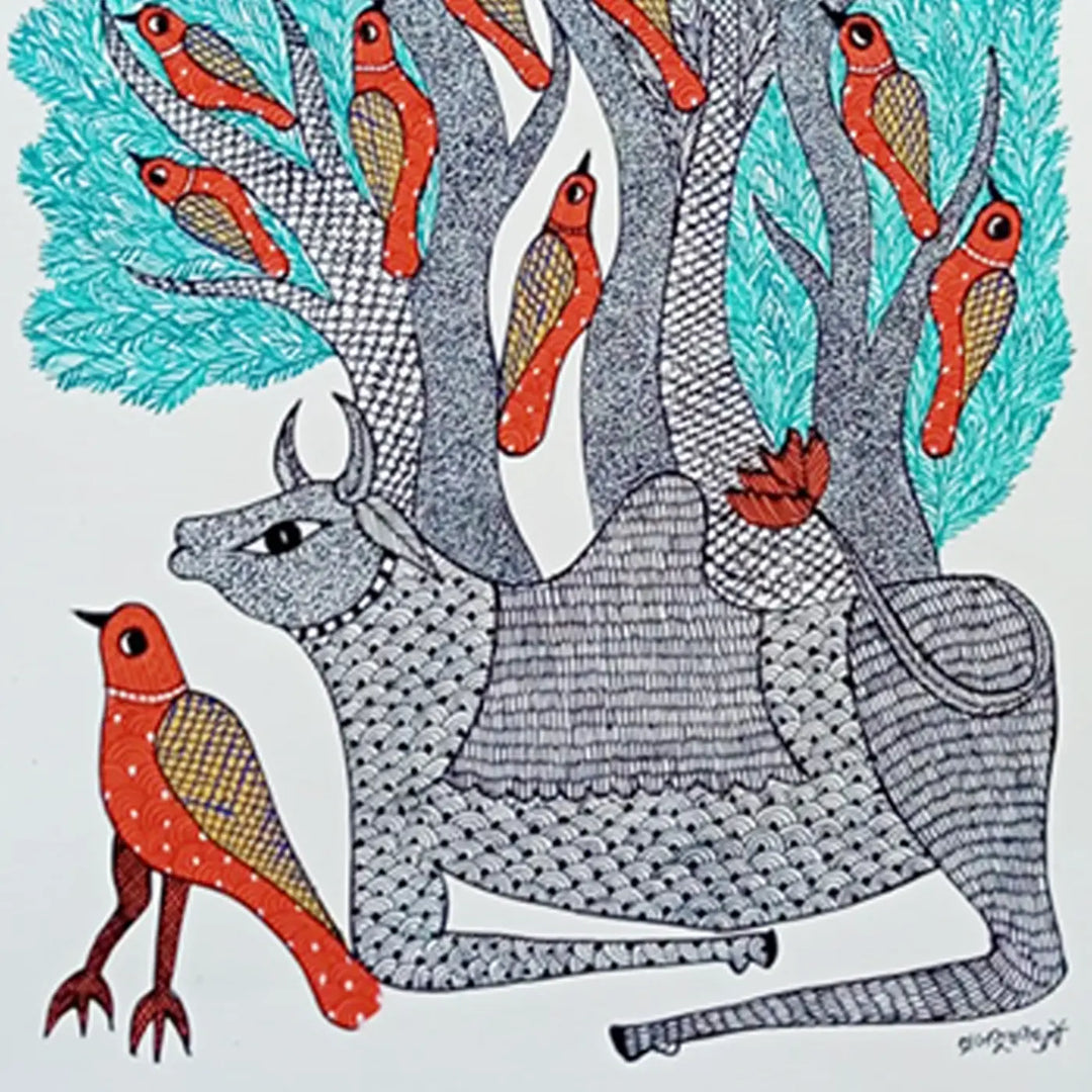 16 x 23 Inch | Bull & Bird| Original Hand Painted Tribal Gond Art Painting | Acrylic Paint On Paper