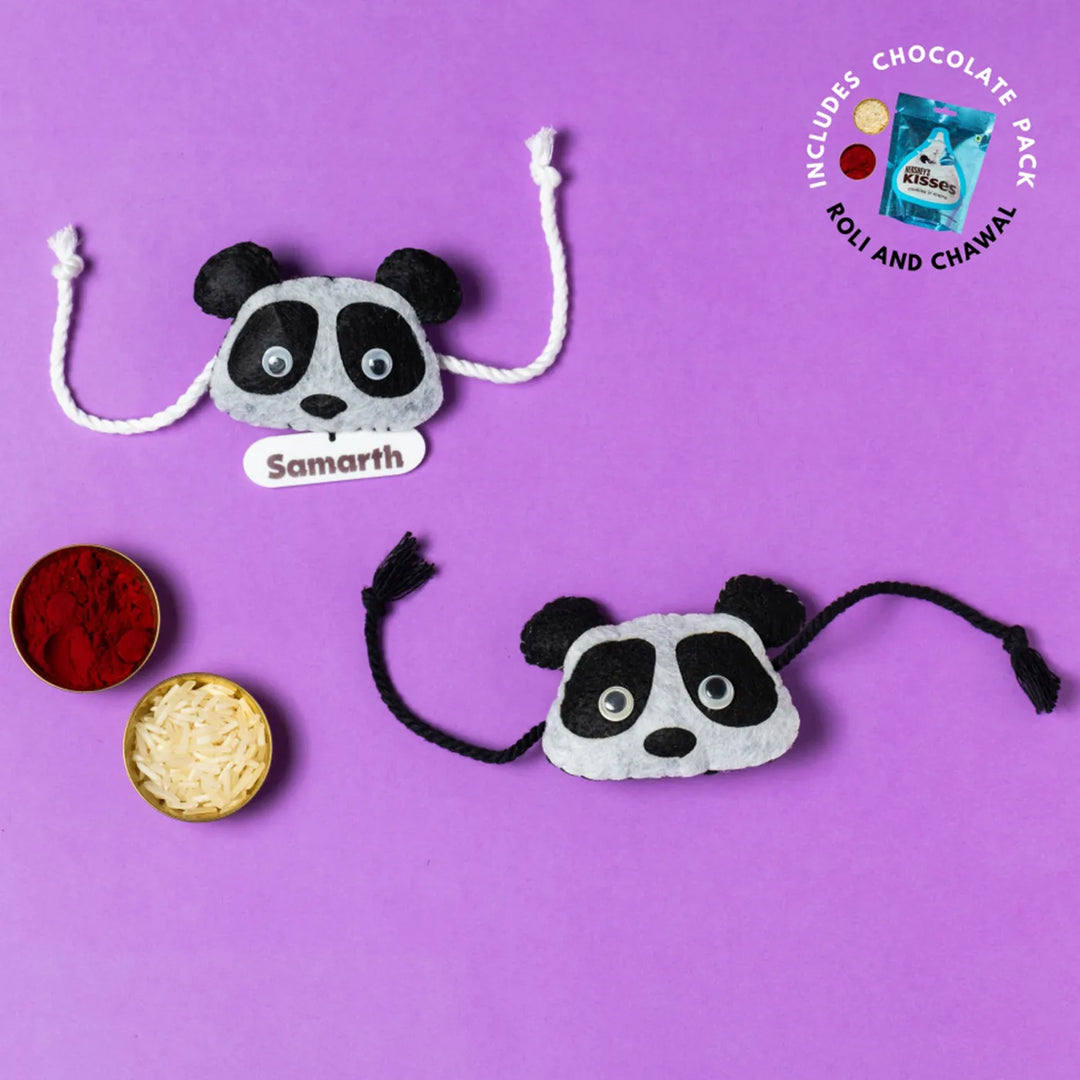Personalized Handmade Panda Theme Felt Kids Rakhi With Chocolates & Roli Chawal