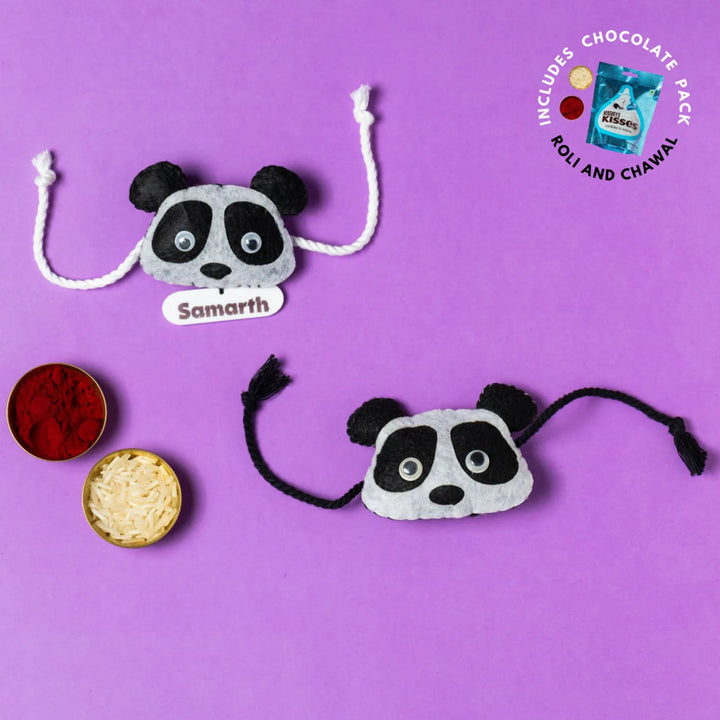 Personalized Handmade Panda Theme Felt Kids Rakhi With Chocolates & Roli Chawal