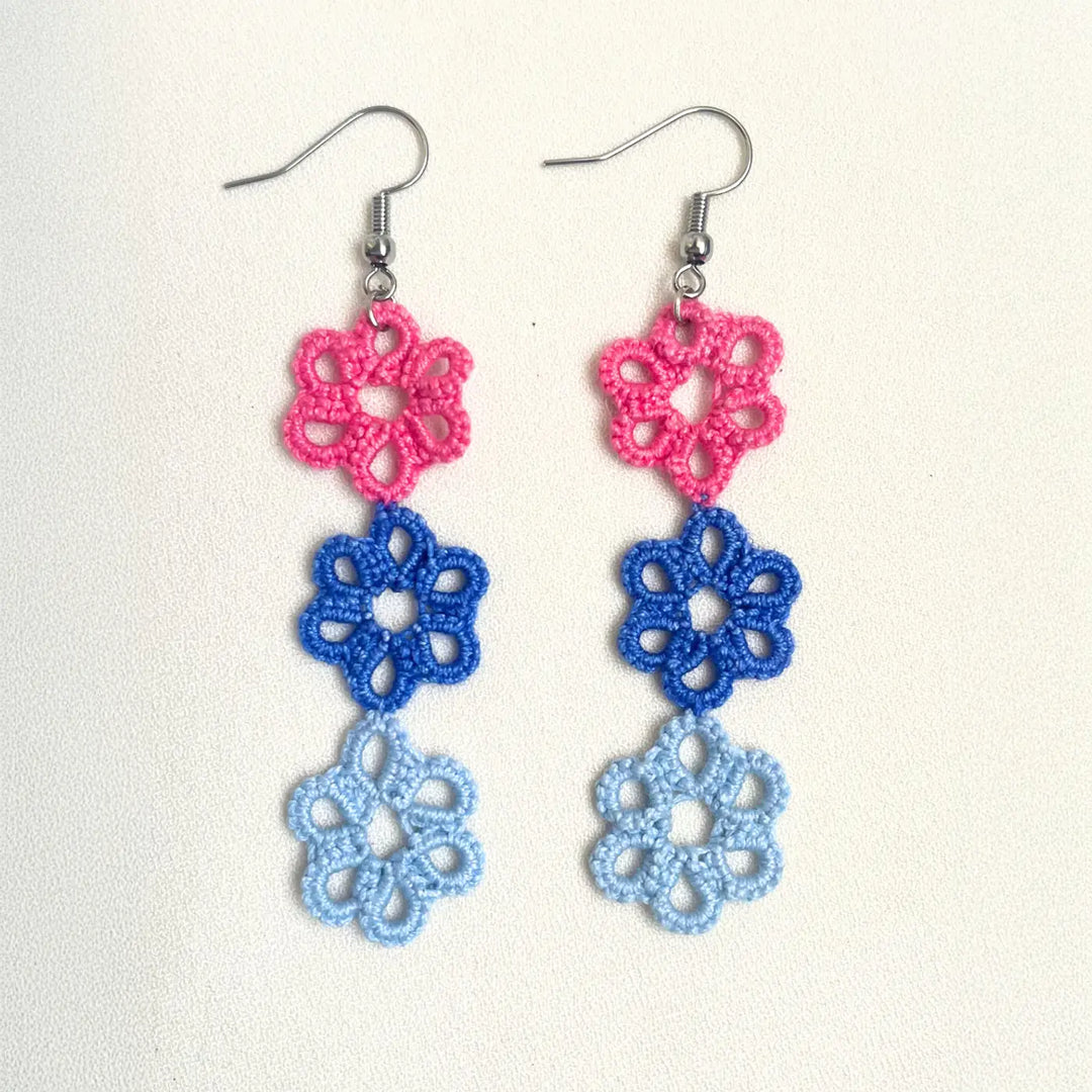 Handmade Tatting Trio Flower Cotton Earrings