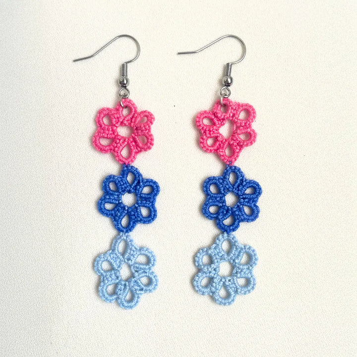 Handmade Tatting Trio Flower Cotton Earrings