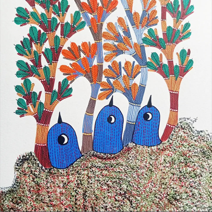 11 x 16 Inch | Blue Birds Under Trees | Original Hand Painted Tribal Gond Art Painting | Acrylic Paint On Paper