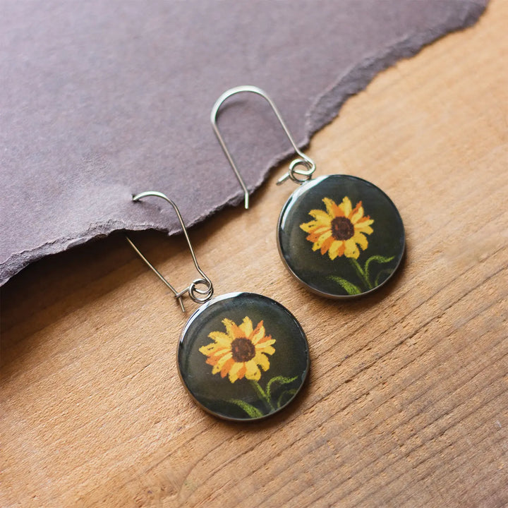 Illustrated Sunflower Design Resin & Stainless Steel Earrings