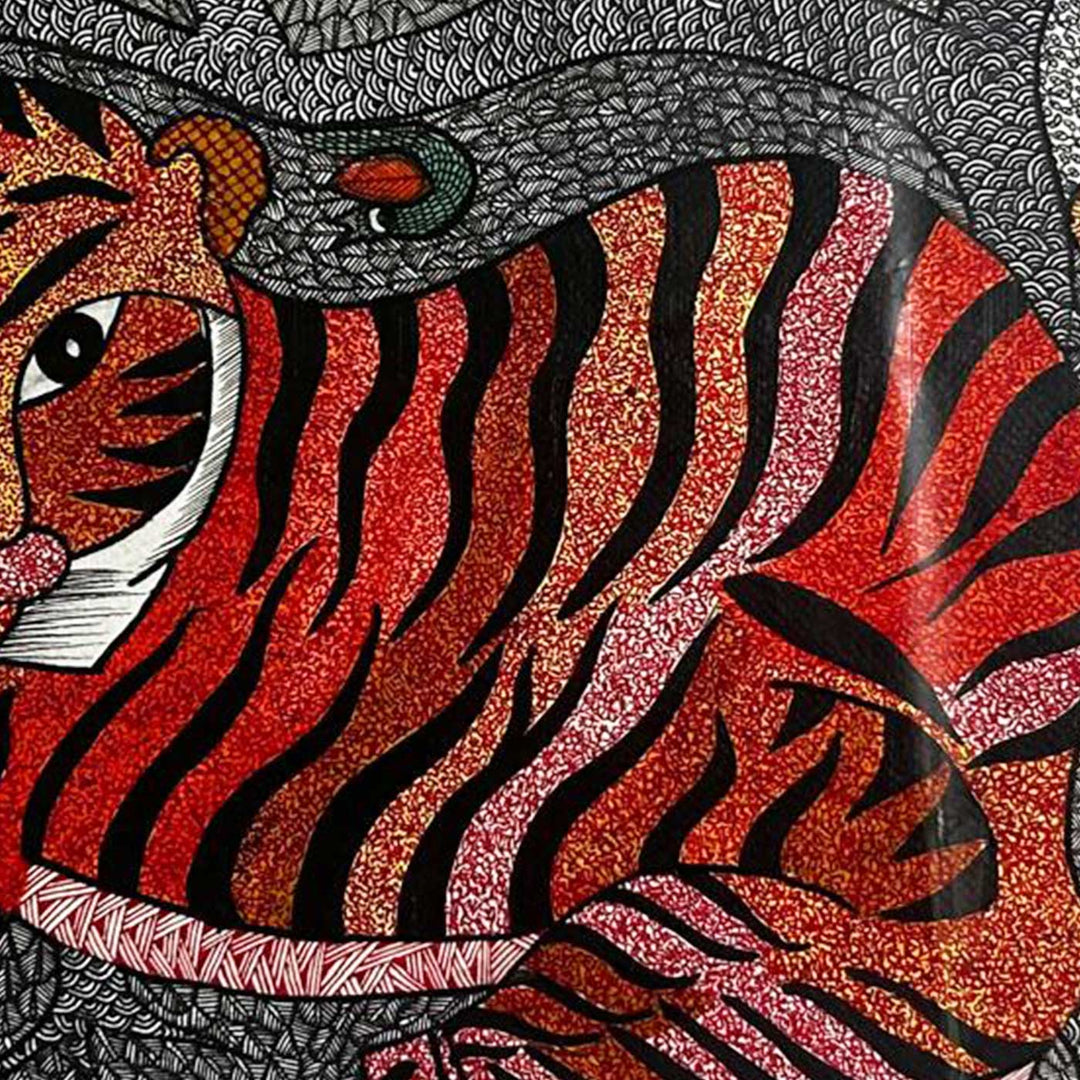 15 x 22 Inch | Tiger & Birds | Original Hand Painted Tribal Gond Art Painting | Acrylic Paints On Paper