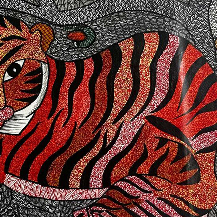 15 x 22 Inch | Tiger & Birds | Original Hand Painted Tribal Gond Art Painting | Acrylic Paints On Paper