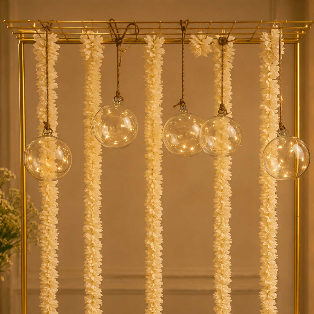 White Tassel Pooja Backdrop Decor Kit With Jaali Stand & Hanging Glass Balls