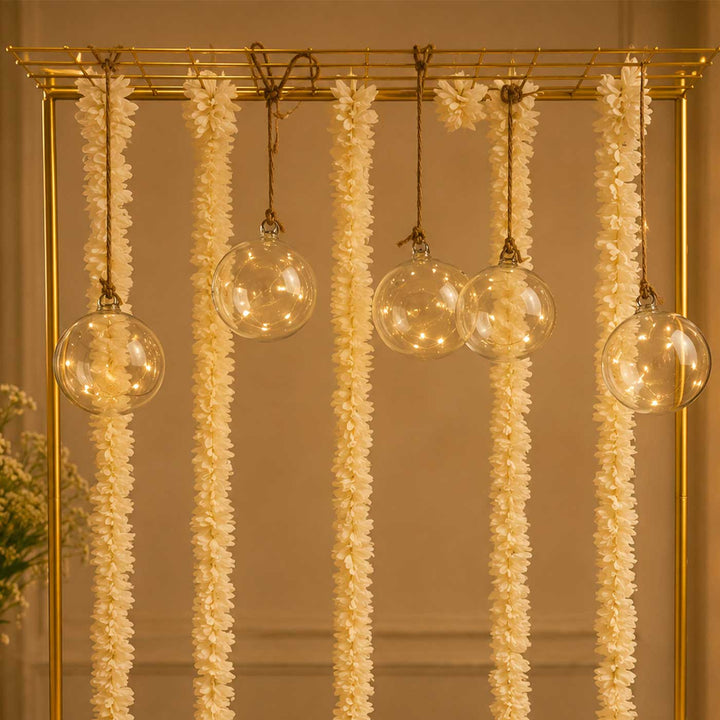 White Tassel Pooja Backdrop Decor Kit With Jaali Stand & Hanging Glass Balls
