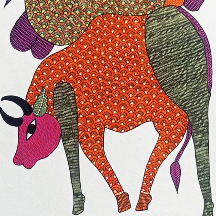11 x 16 Inch | Cow & Calves | Original Hand Painted Tribal Gond Art Painting | Acrylic Paint On Paper