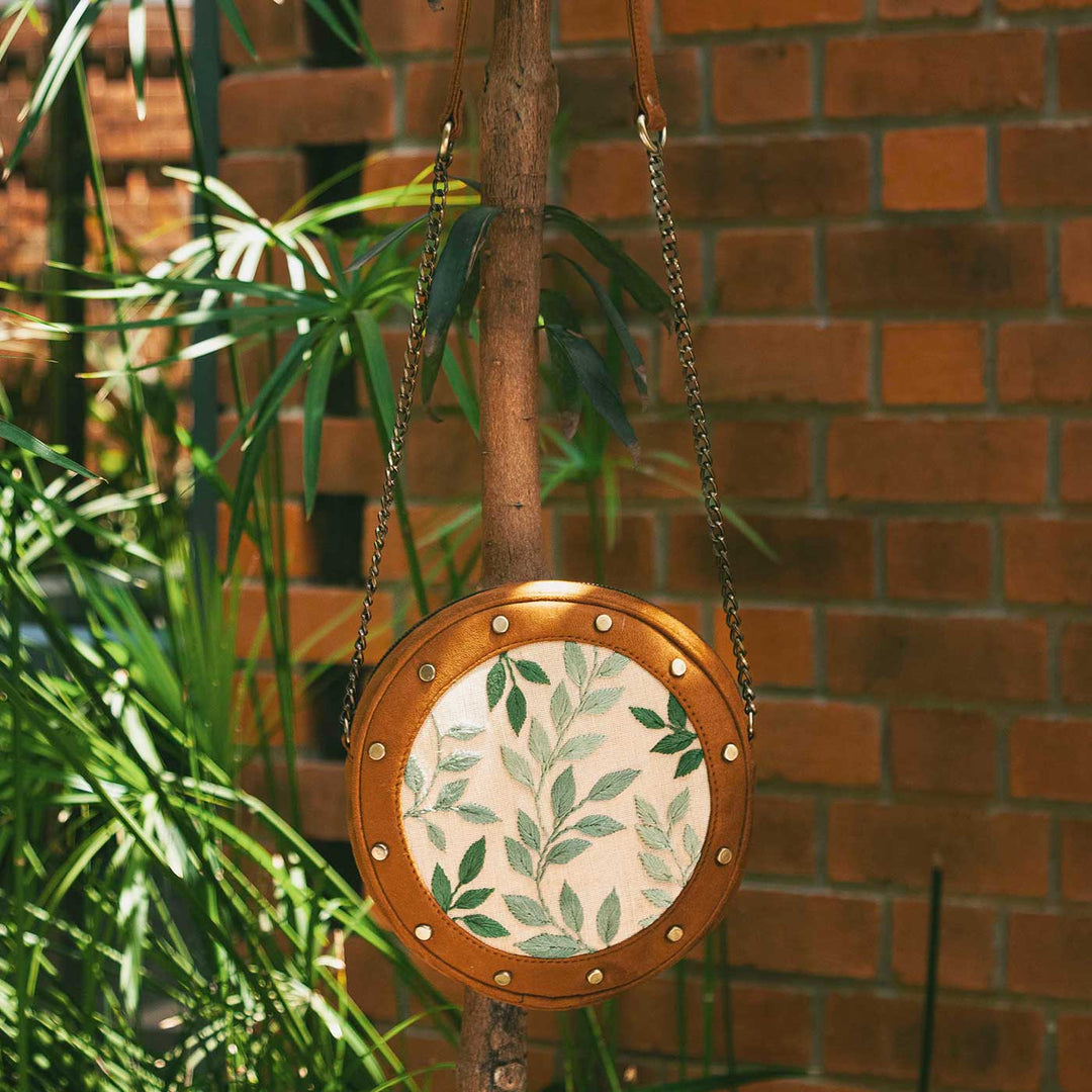 Personalized Embroidered Leafy Tan Stud Round Sling Bag