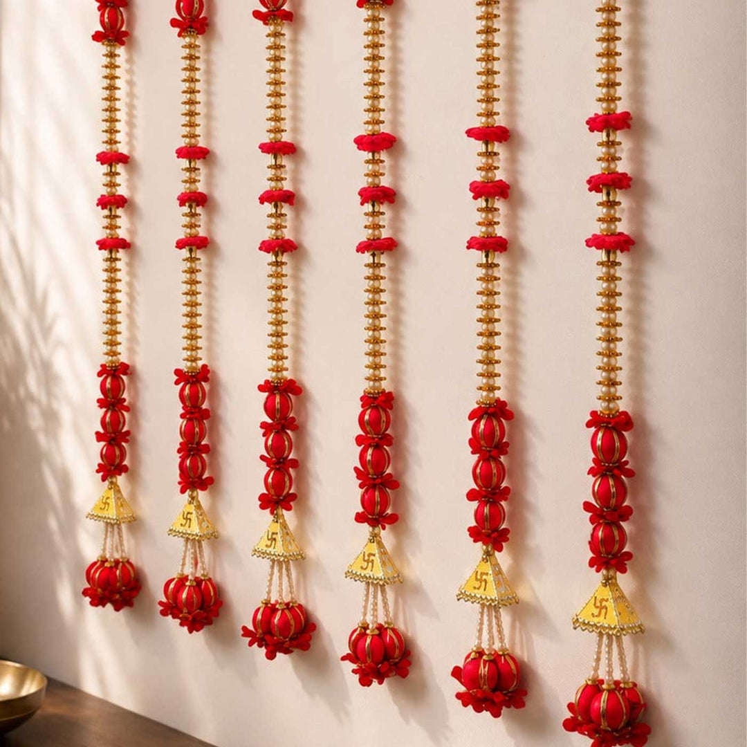 Handcrafted Red Artificial Flower And Gold Bells Tassel Door Hangings With Gold Bead Detailing