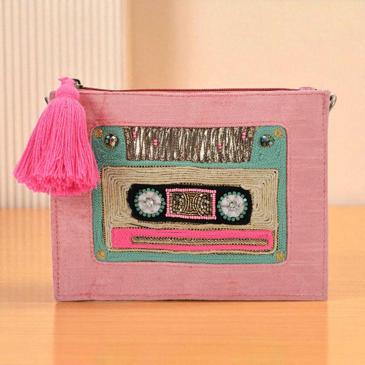 Handmade Embroidered Cassatte Design Pink Velvet Sling Bag