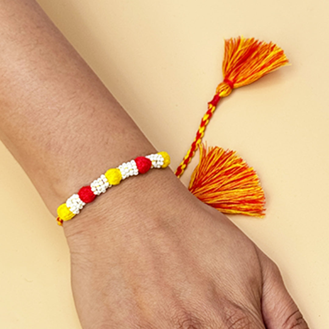 Handmade Reusable Red And Bright Yellow Beaded Patwa Rakhi For Brother