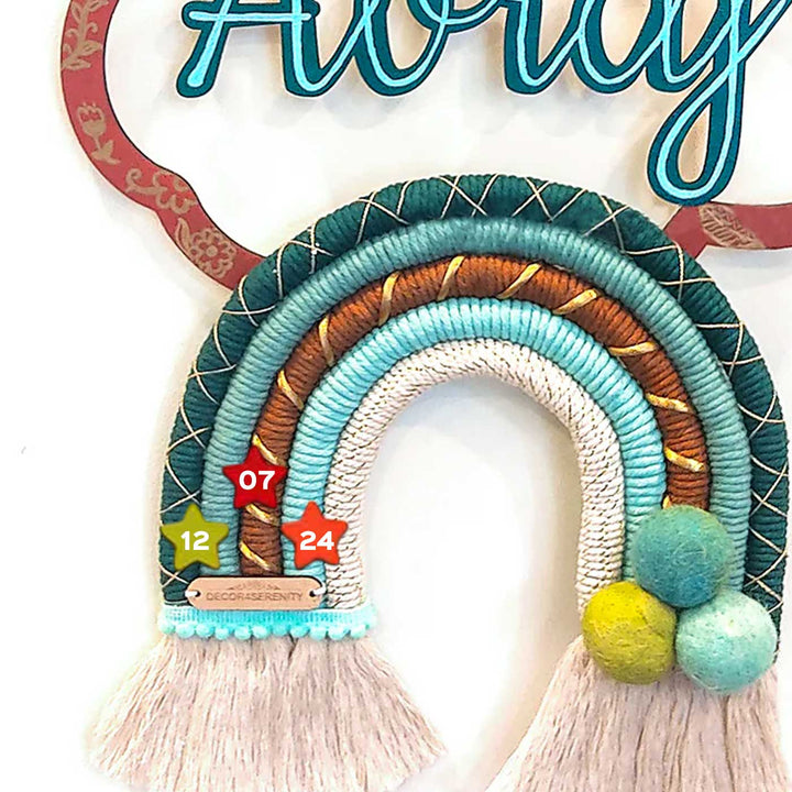 Macrame Cloud Rainbow Personalized Kids Name Plate - Front View with Size Tags