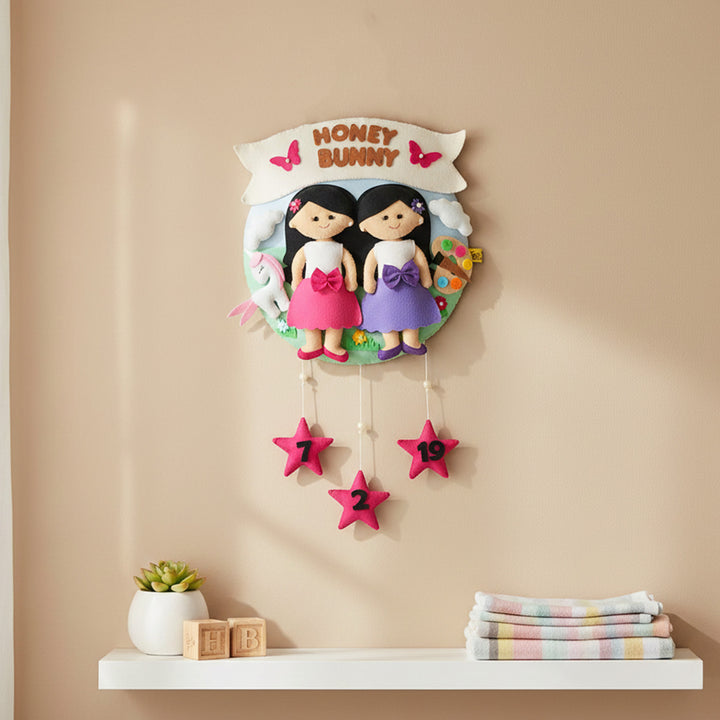 Hand-stitched Hobby Themed Round Felt Kids Name Plate for Siblings