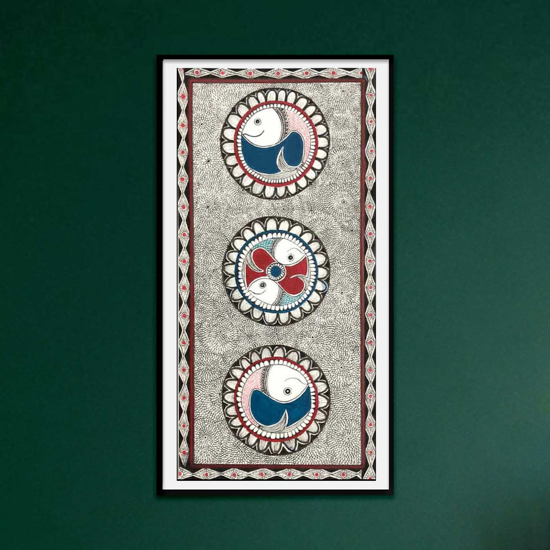 5.7 X 11.8 Inch | Handmade Paper Mesh Madhubani Fish Painting