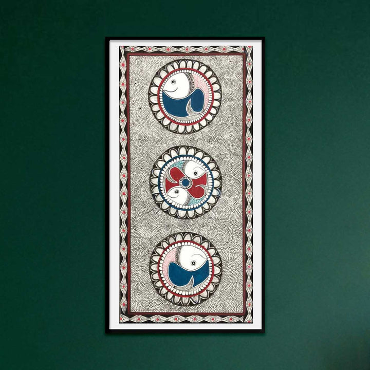 5.7 X 11.8 Inch | Handmade Paper Mesh Madhubani Fish Painting