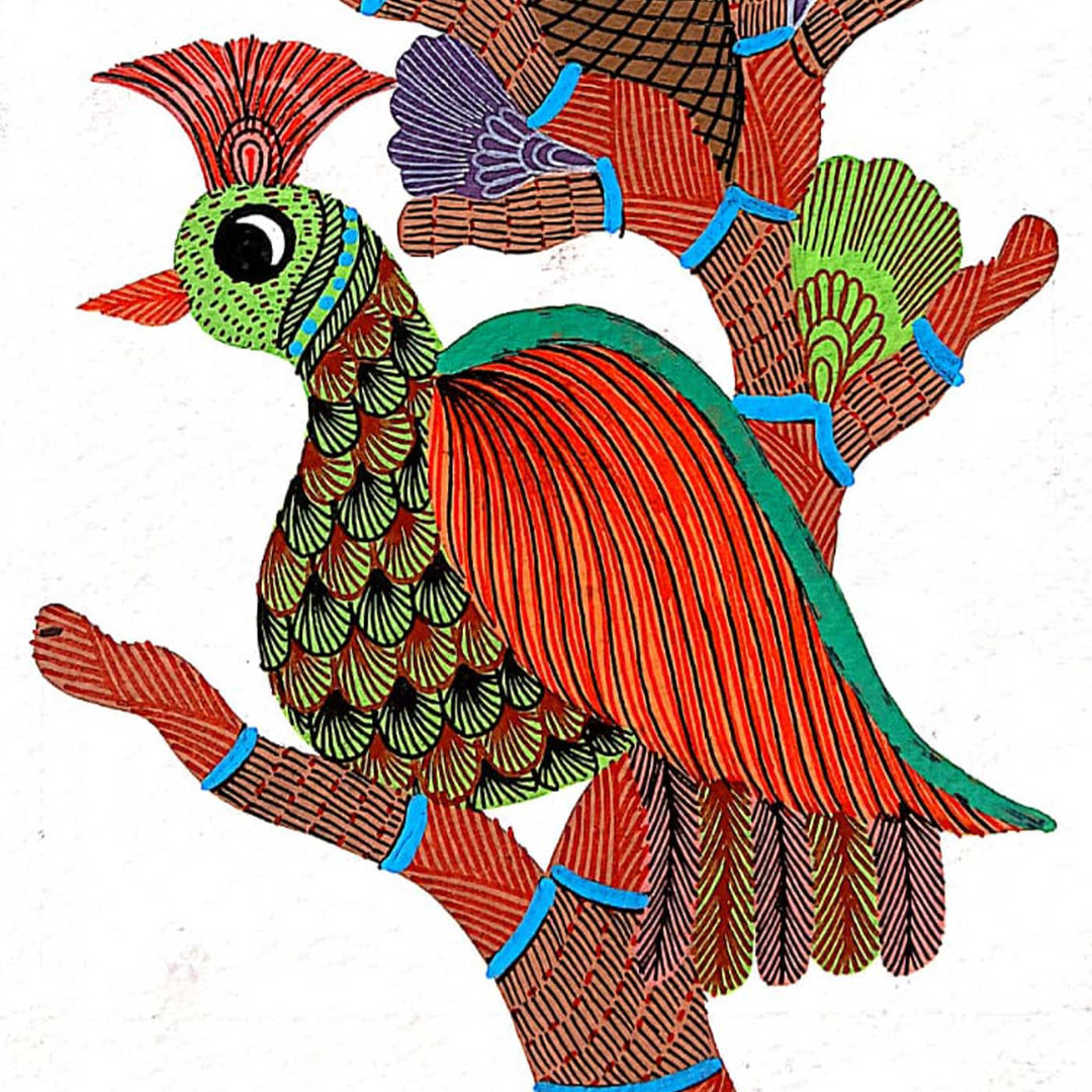 6 x 8 Inch | Bird Family With Nest | Original Hand painted Tribal Gond Art Painting | Acrylic Paints On Paper