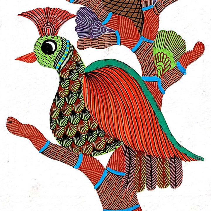 6 x 8 Inch | Bird Family With Nest | Original Hand painted Tribal Gond Art Painting | Acrylic Paints On Paper